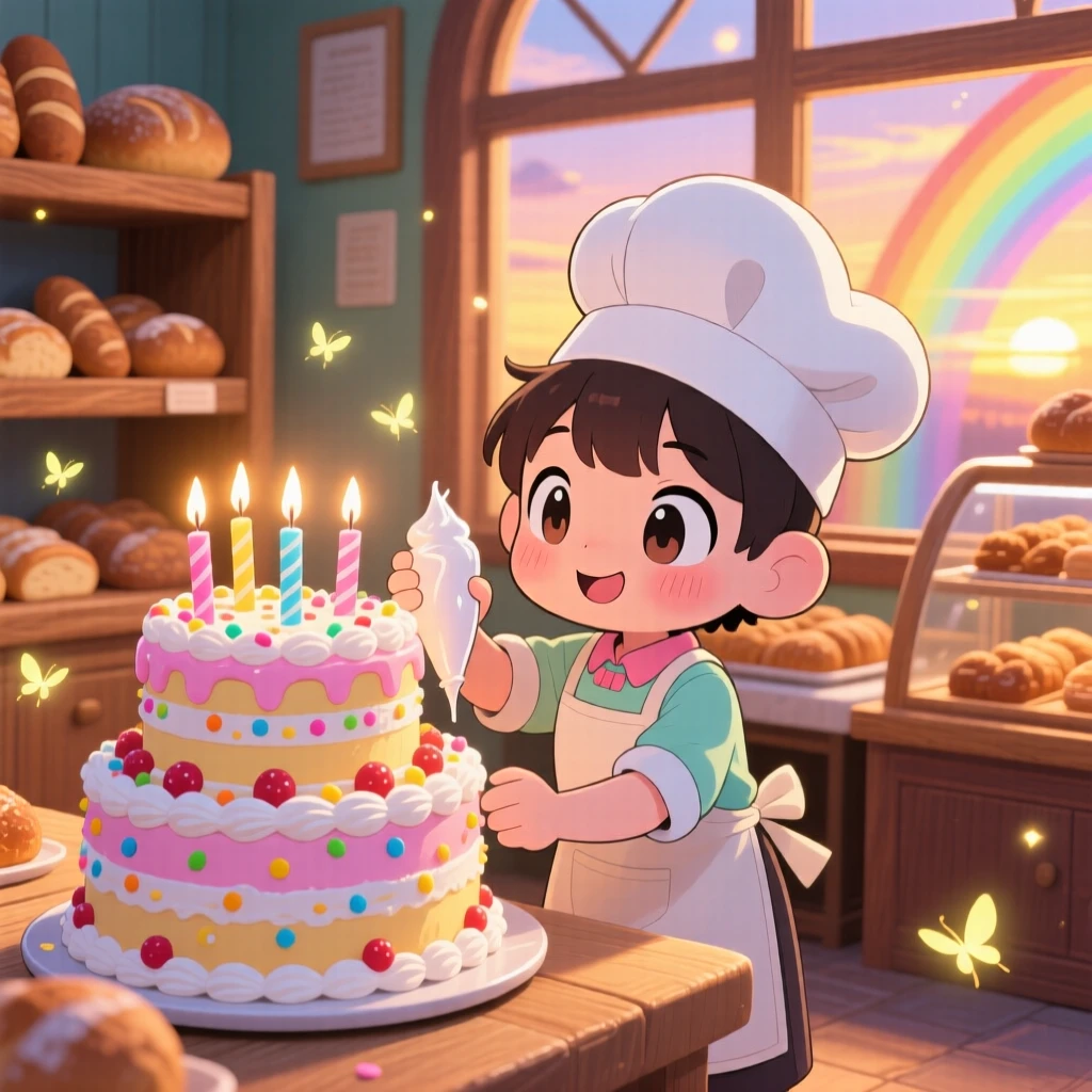 Over-the-shoulder view: a young baker, frosting a towering birthday cake, set against a warm sunny bakery as fireflies begin to glow at dusk, with bright rainbow-tinted light and a mood of triumphant pride.