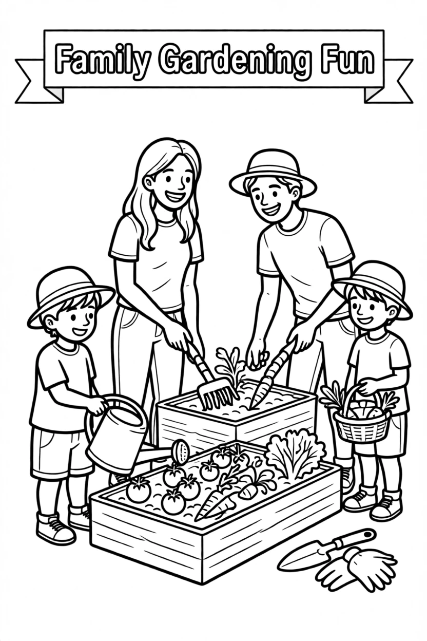 A family gardening together, watering vegetables in raised beds