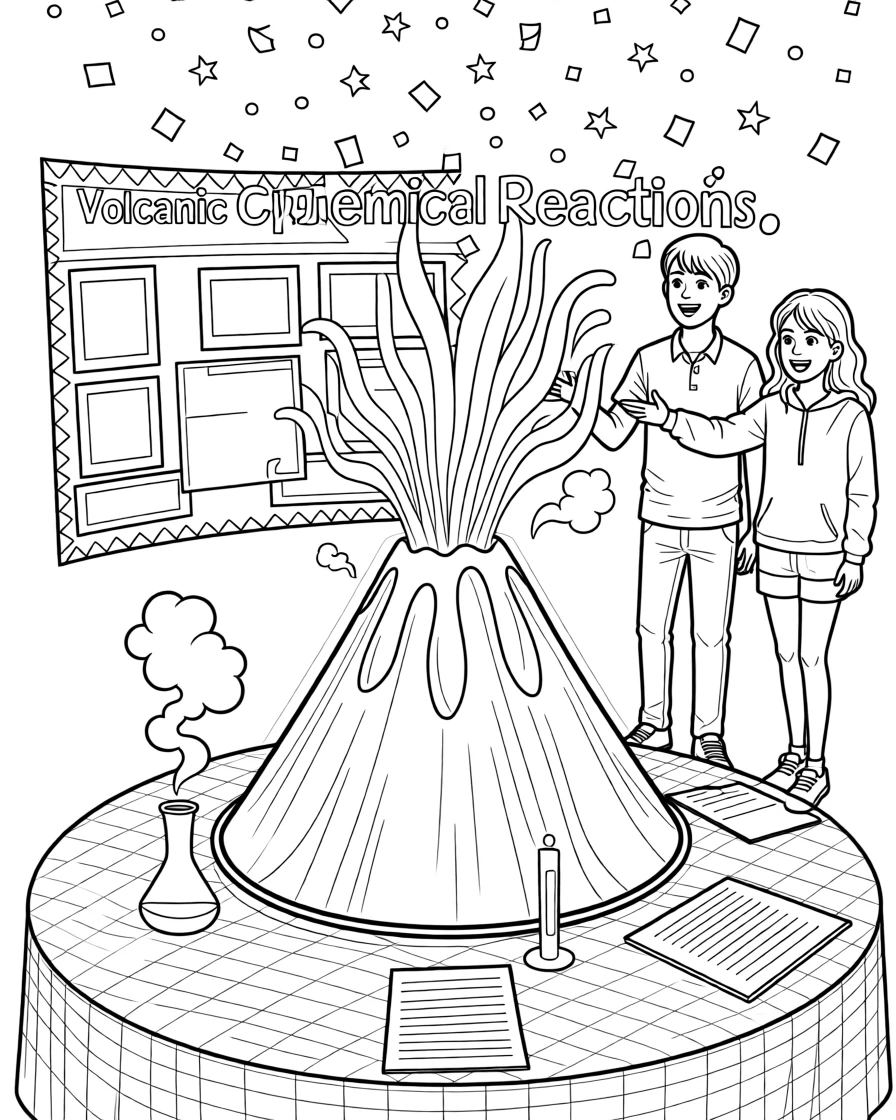 A science fair project display with a glowing volcano model, with confetti falling through the air.