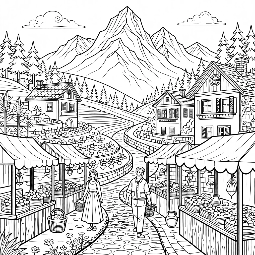 A hillside village market in a mountain range.