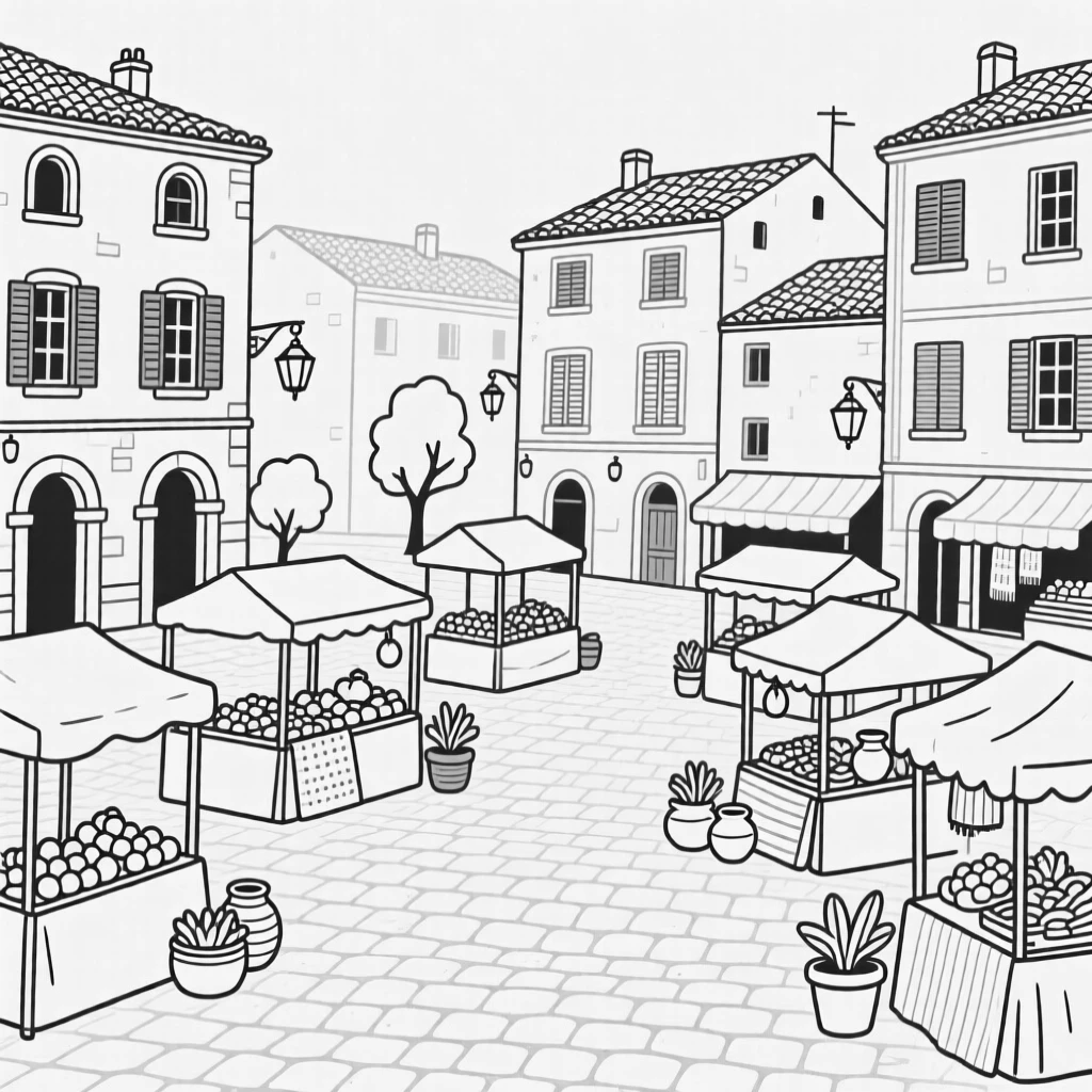 A market square filled with vendor stalls and old buildings