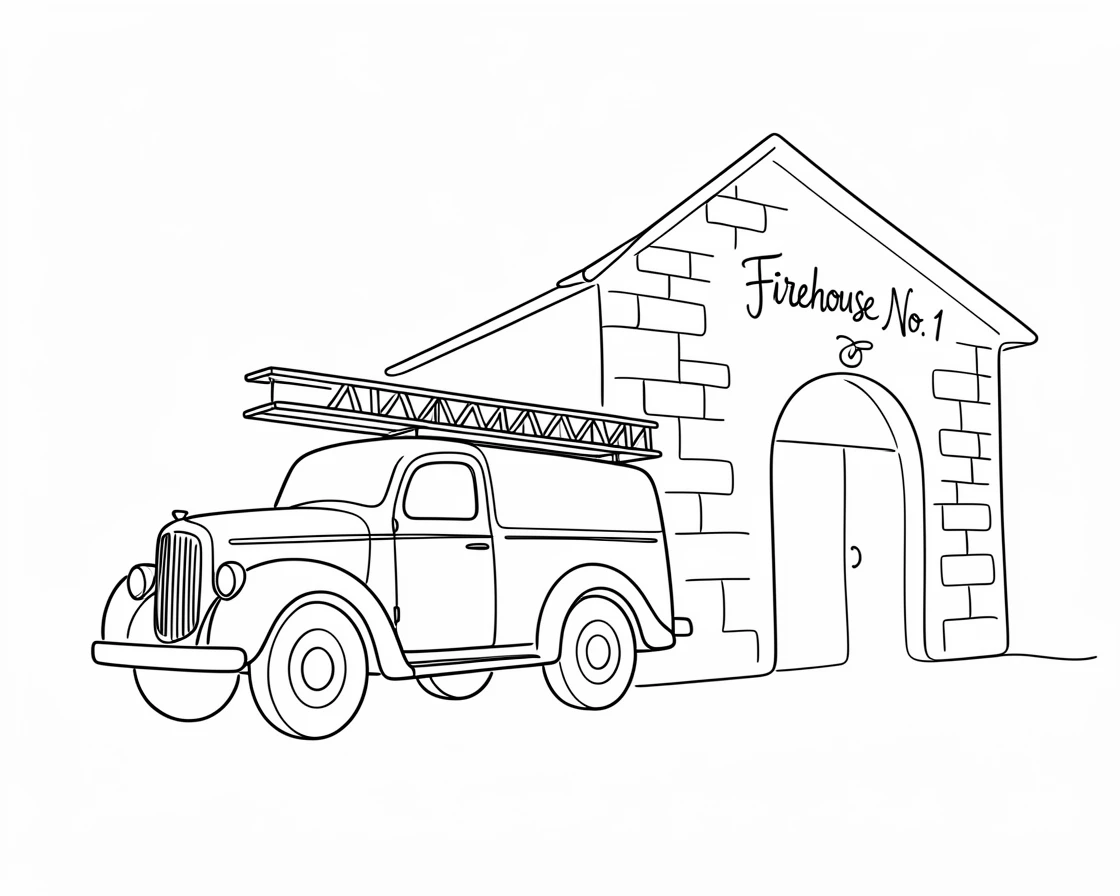 A vintage fire truck parked outside an old brick firehouse