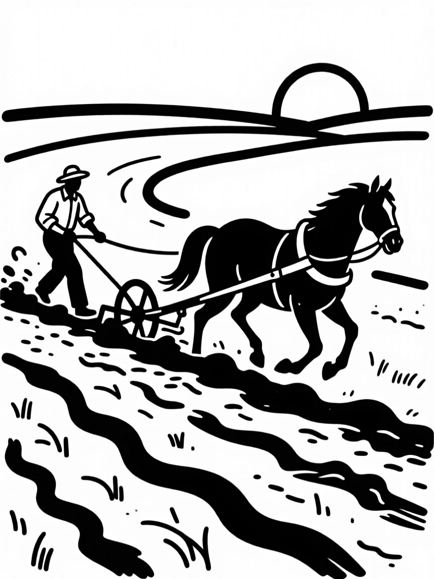 A farmer plowing a field with a horse-drawn plow at sunrise.