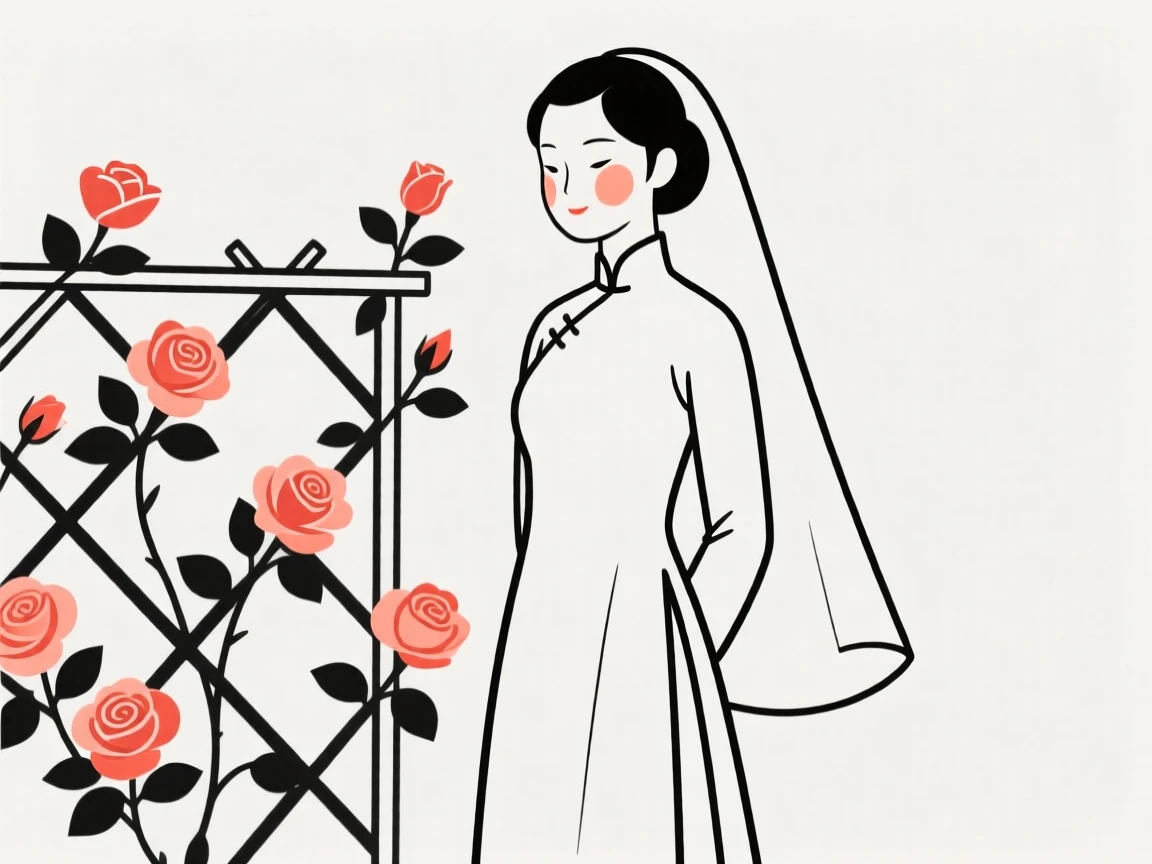 A bride wearing a Vietnamese ao dai, beside a blooming rose trellis.