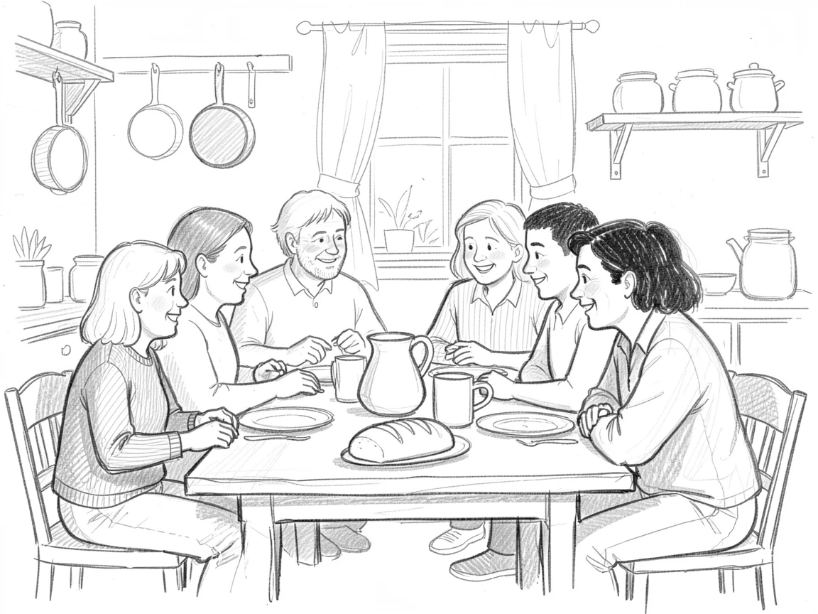 A heartwarming family moment: a family gathered around a dinner table in a cozy kitchen, captured in a tender, unguarded moment.