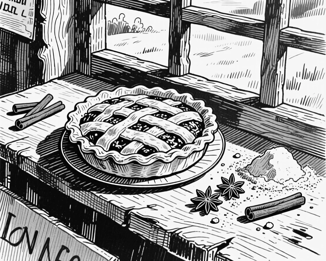 A pie cooling on a windowsill displayed at an outdoor market stall, with a few loose ingredients scattered around, presented in an indulgent and delightful culinary still life.