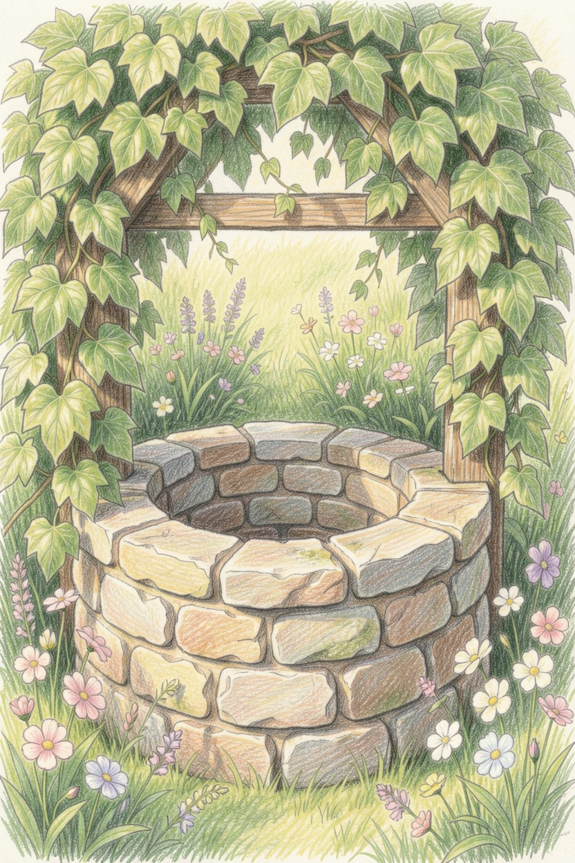 An old stone well surrounded by climbing ivy and wildflowers, with soft, natural light bringing warmth to every detail, celebrating a moment people would love to revisit.