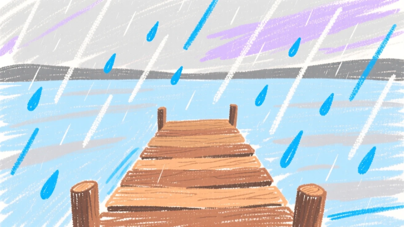 A view of a wooden pier stretching into a calm lake as gentle rain begins to fall.