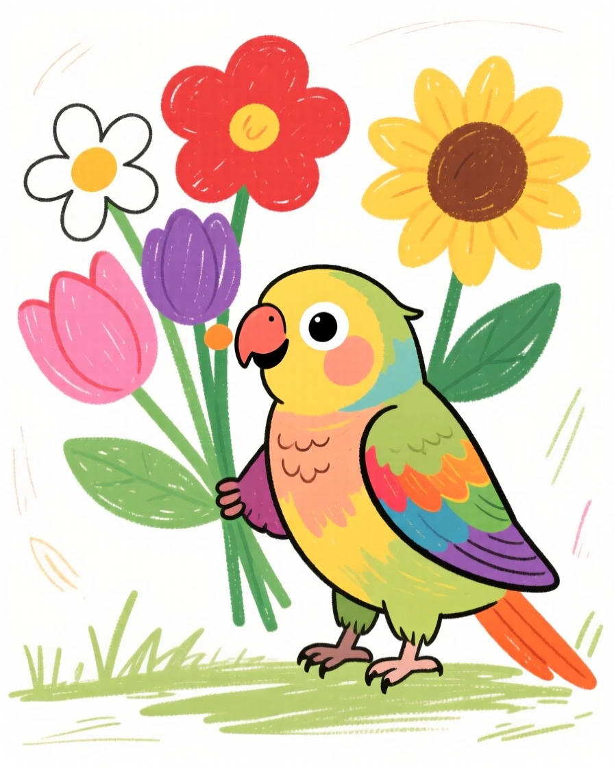 A parakeet with bright feathers sniffing a bouquet of fresh flowers.