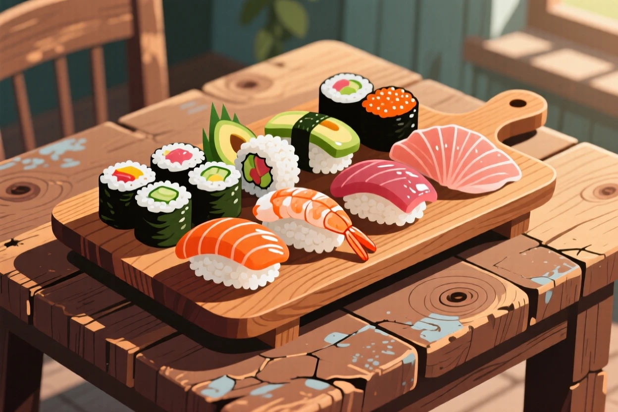 A colorful sushi platter arranged with delicate precision, arranged on a rustic farmhouse table, composed with a rustic, homemade charm, with glossy highlights that make the dish look freshly made.