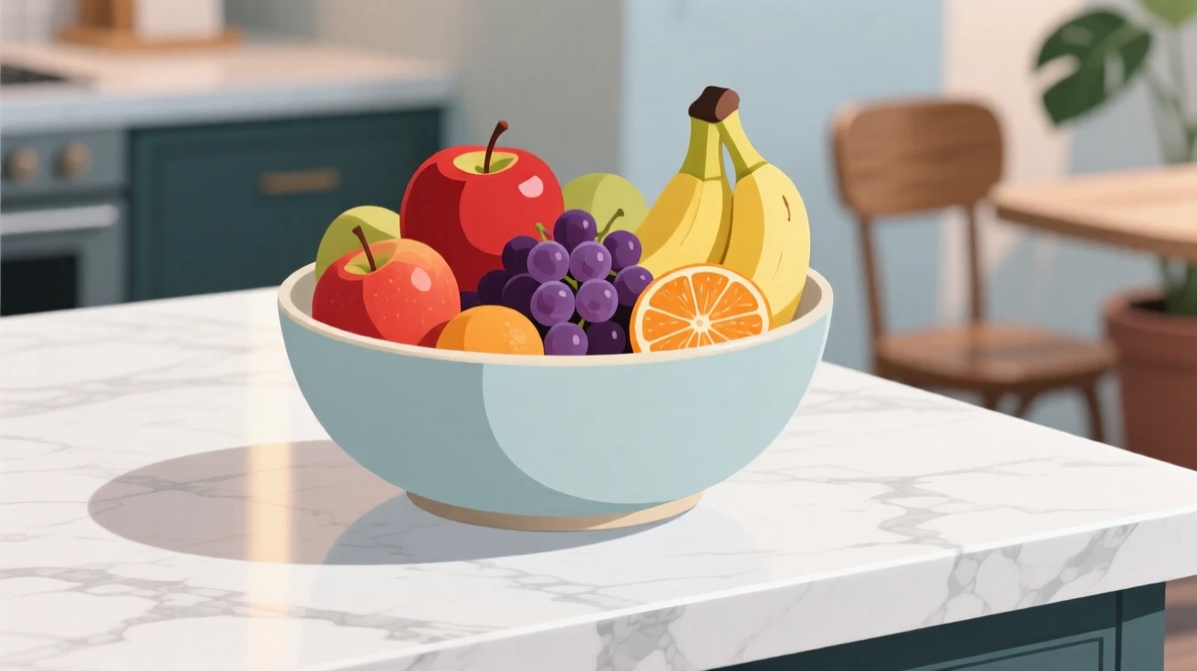 A bowl of seasonal fruit beautifully displayed on a marble countertop at a cozy cafe.