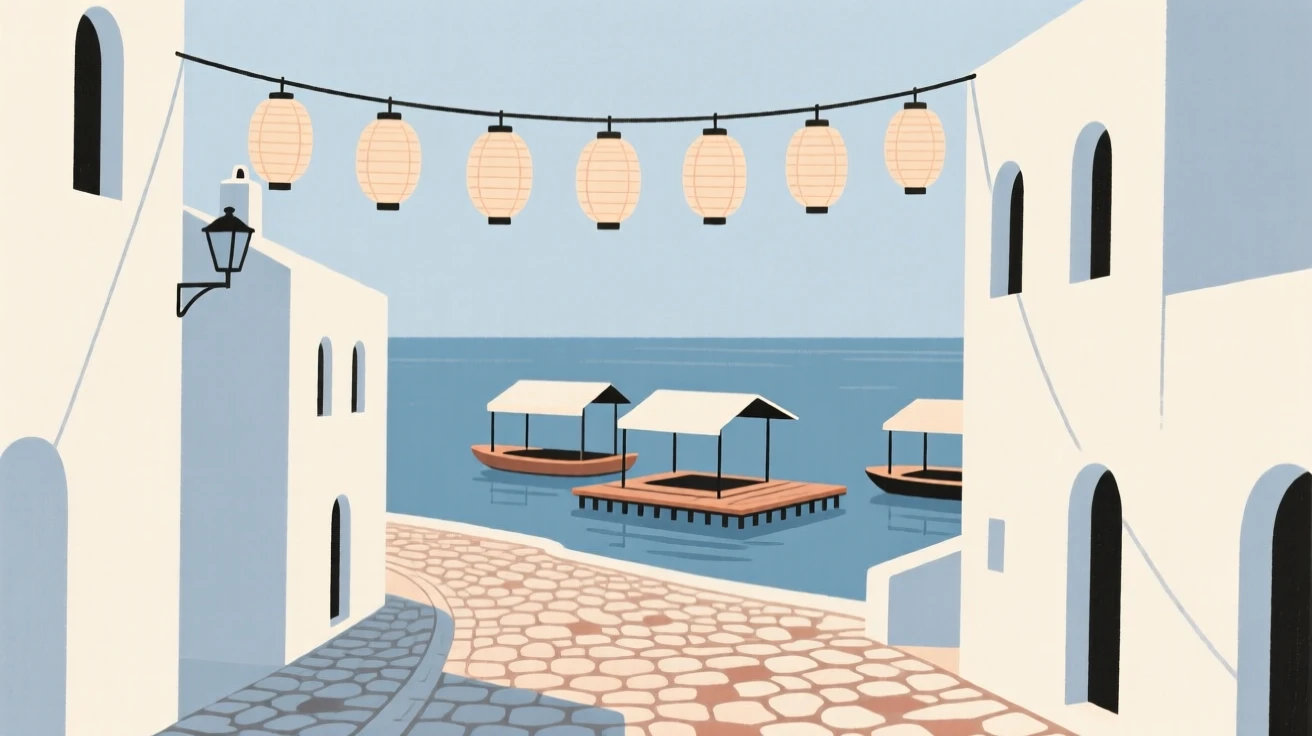 A journey through a coastal Mediterranean town toward a floating market, passing strings of paper lanterns, full of timeless nostalgia.