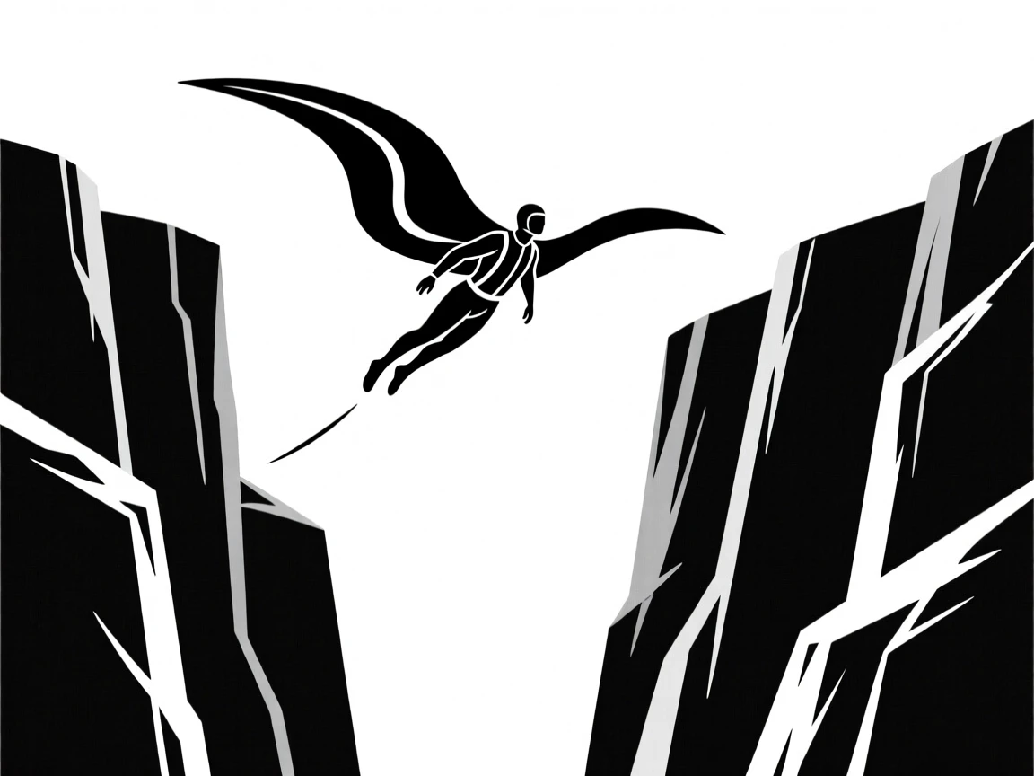 A wingsuit flyer soaring between towering cliffs.