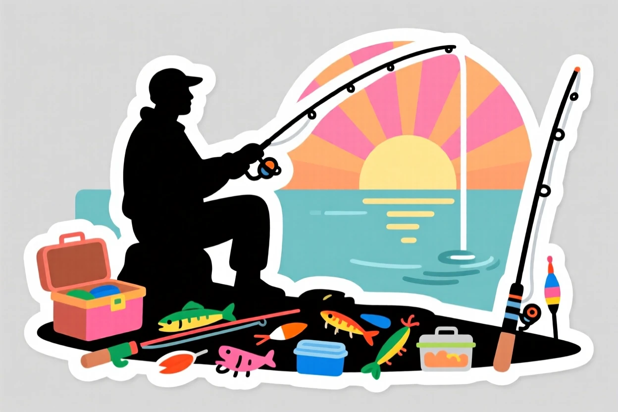 A peacefully immersed fisherman casting a line at sunrise, with colorful materials spread all around, on a quiet weekend afternoon.