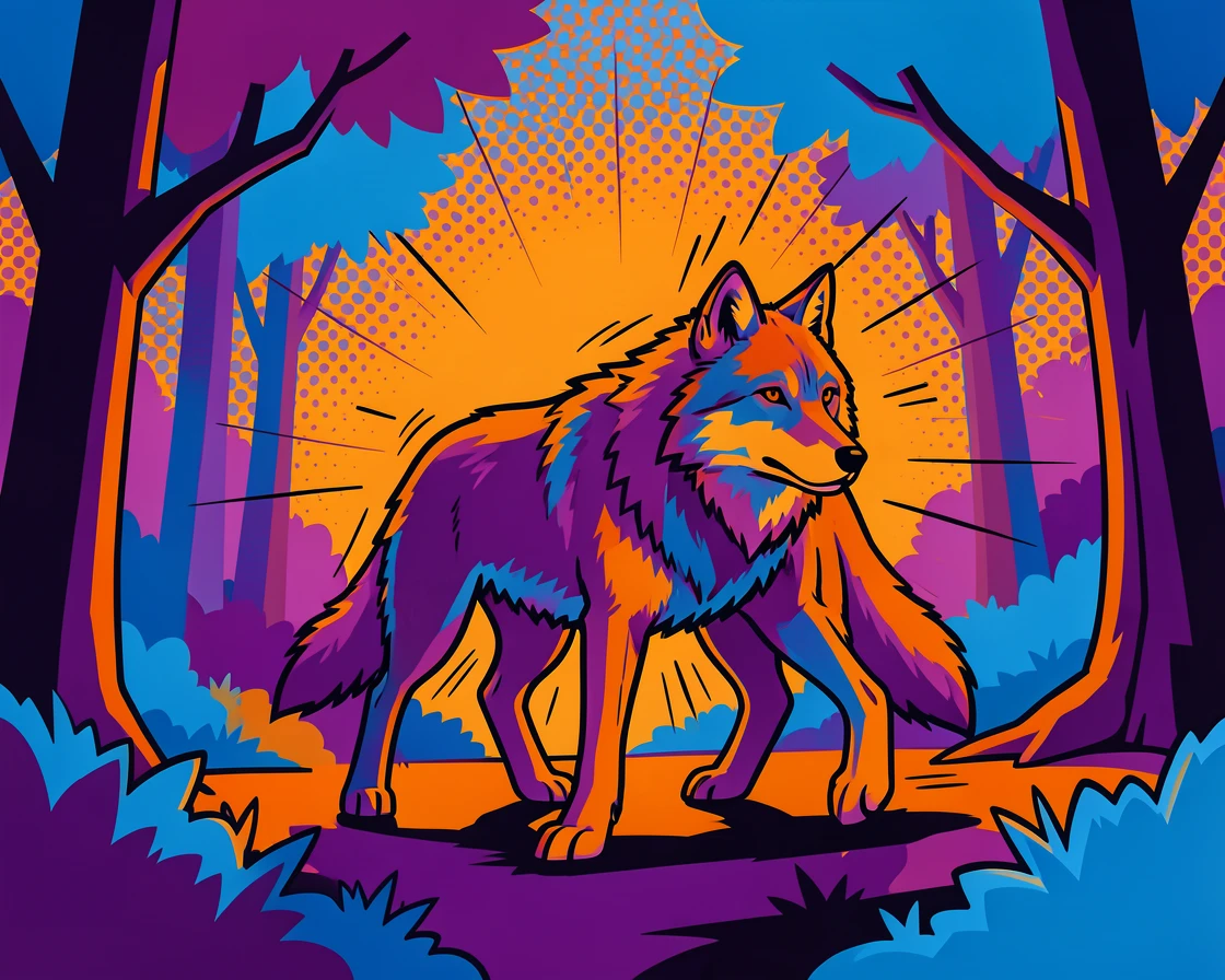 A lone wolf exploring a quiet forest at dawn