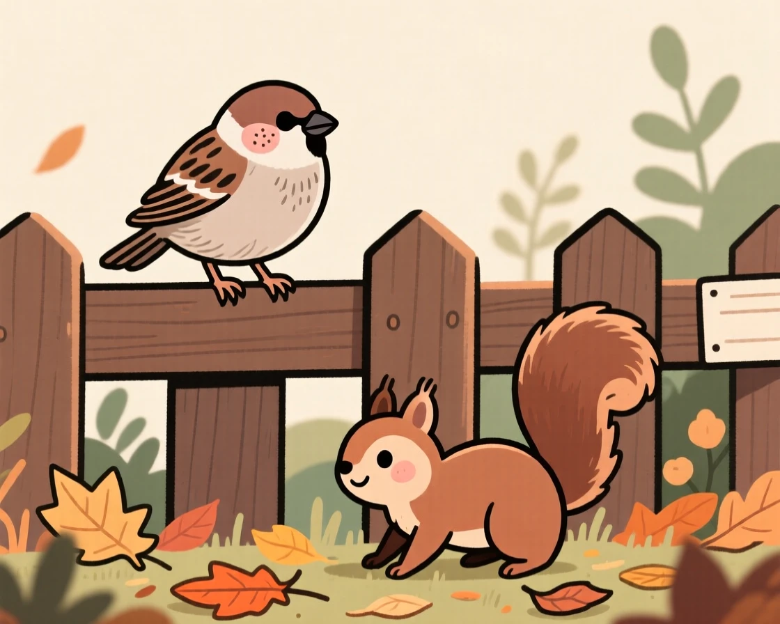A sparrow perches on a garden fence, fluffing its wings while a squirrel moves quietly through the fallen leaves below.