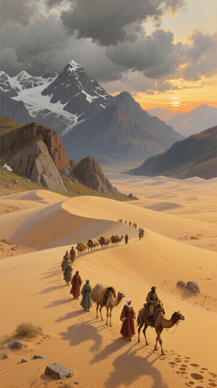 A bird's-eye view of a caravan of travelers crossing golden dunes at sunset, in the Swiss Alps, beneath heavy grey storm clouds.