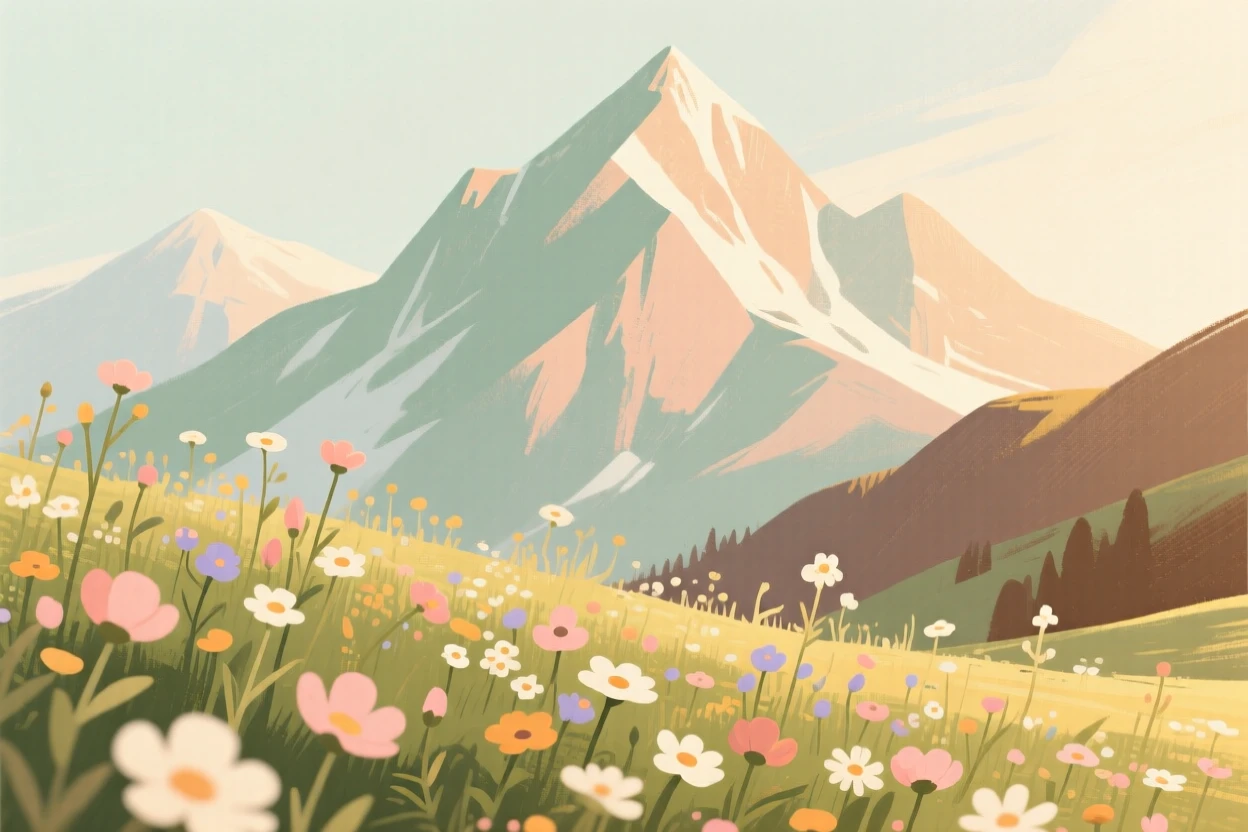 A mountain meadow bursting with wildflowers beneath jagged peaks
