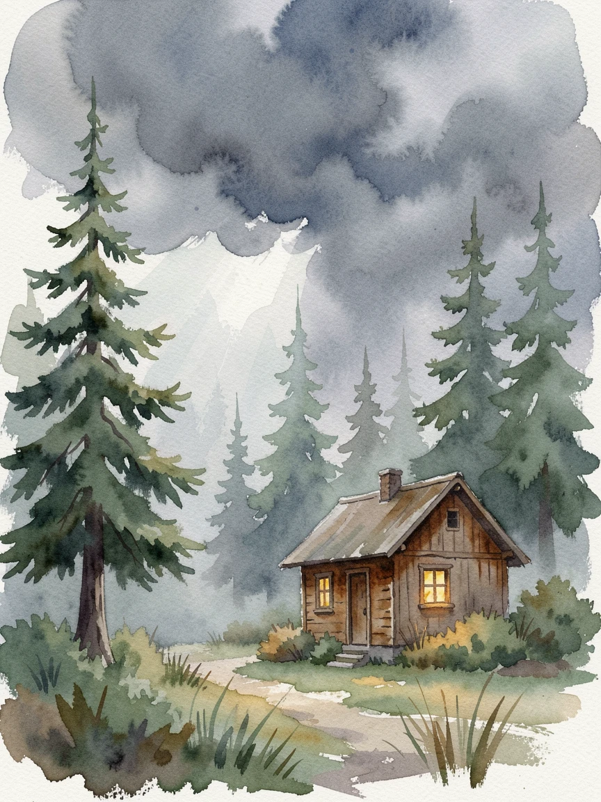 A misty pine forest as storm clouds gather with a small wooden cabin at the edge.