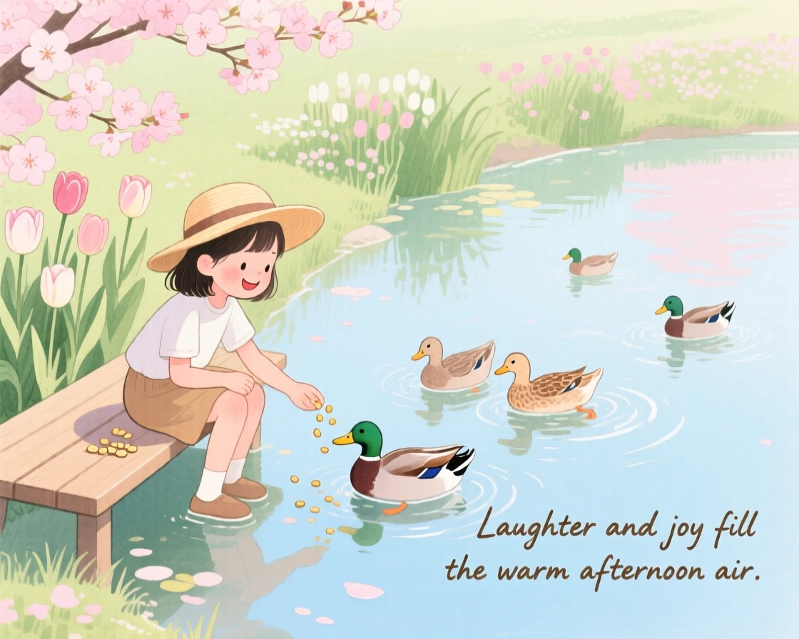A girl in a sun hat feeds ducks at a quiet pond in a blooming spring garden, laughter and joy filling the warm afternoon air