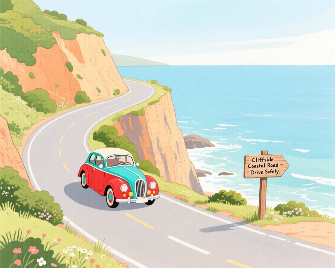 A picturesque view of a vintage car winding along a coastal cliff road.