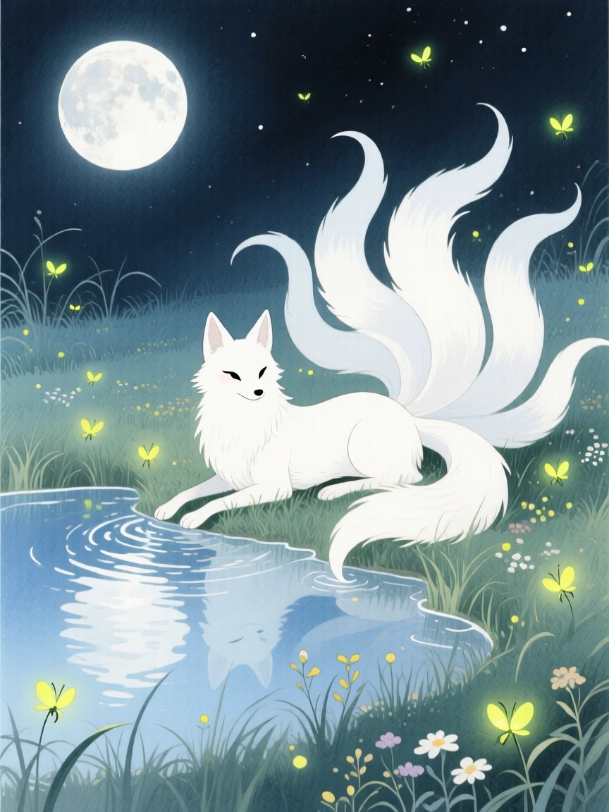 A snow-white kitsune with nine tails resting beside a crystal-clear pond under moonlight, in a moonlit meadow dotted with fireflies, filled with a sense of peaceful mysticism.