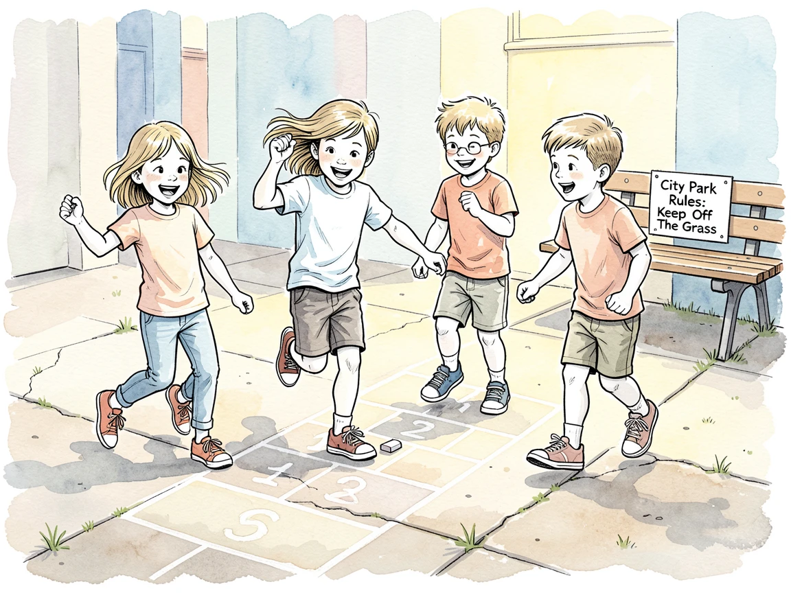 A group of children playing hopscotch on a chalk-drawn sidewalk, the surrounding setting adding a sense of everyday charm.