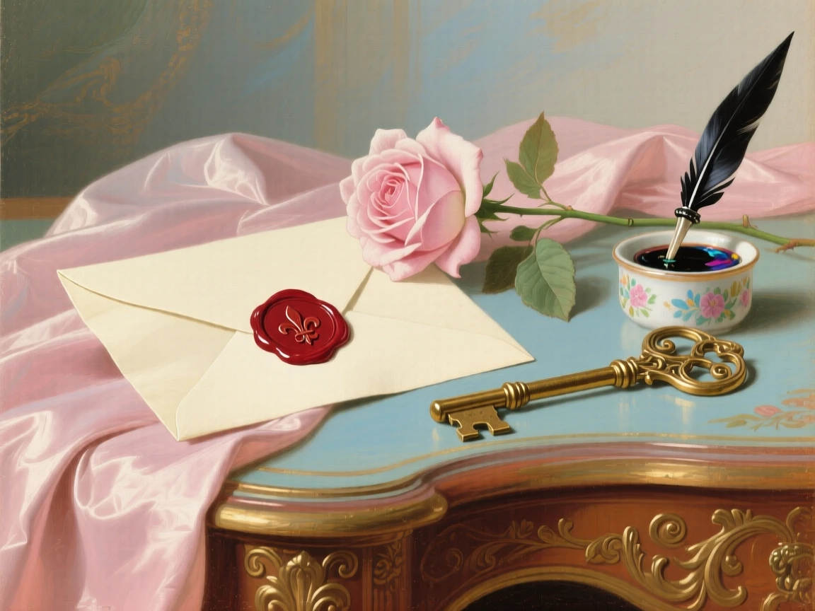 A letter sealed with wax beside a quill, a rose, and an antique key  