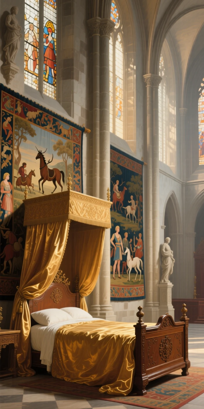 A royal bedchamber with silk draperies and a canopied bed standing empty in the golden hush of late afternoon, set inside a centuries-old cathedral of quiet reverence, with rich tapestries depicting scenes of hunts and festivals; strong vertical lines of columns lead the eye upward toward the light, radiating history, refinement, and permanence.