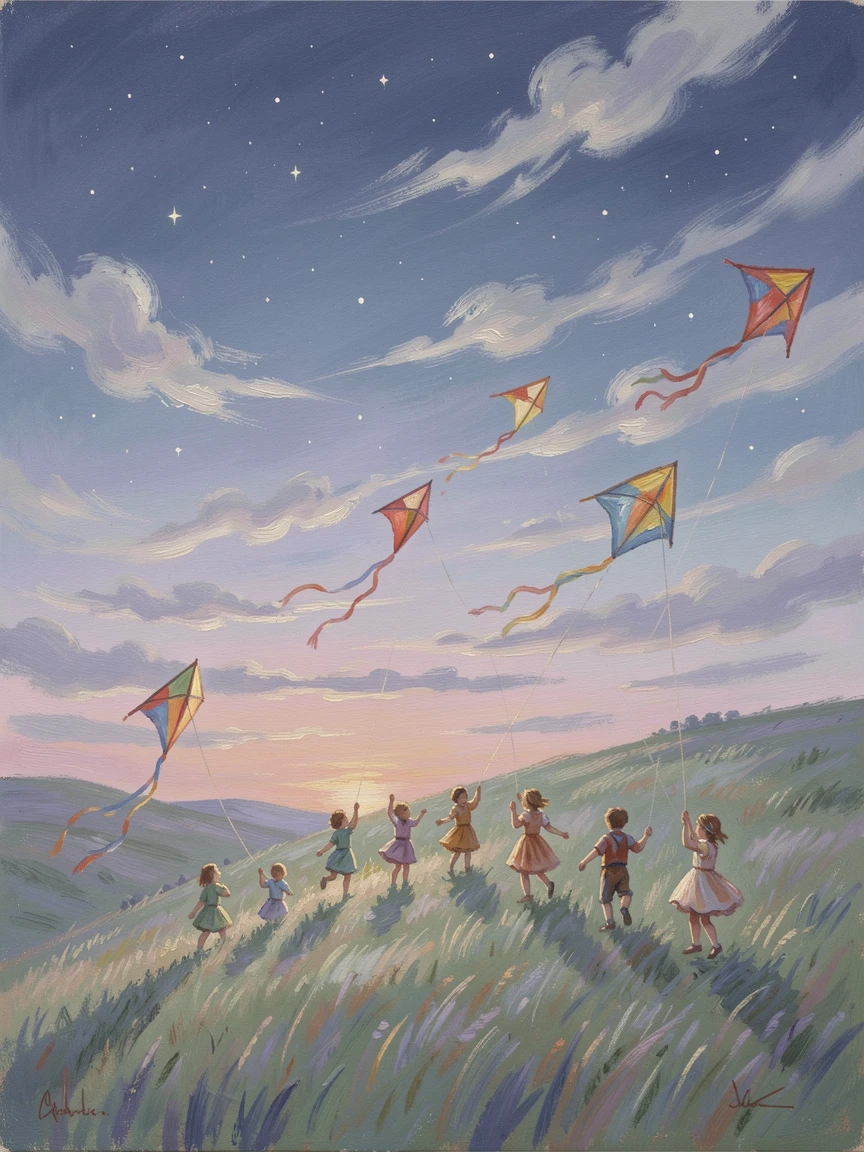 A group of children flying kites on a windswept hilltop under a sky full of drifting clouds, under a canopy of stars, radiating joy and gentle celebration.