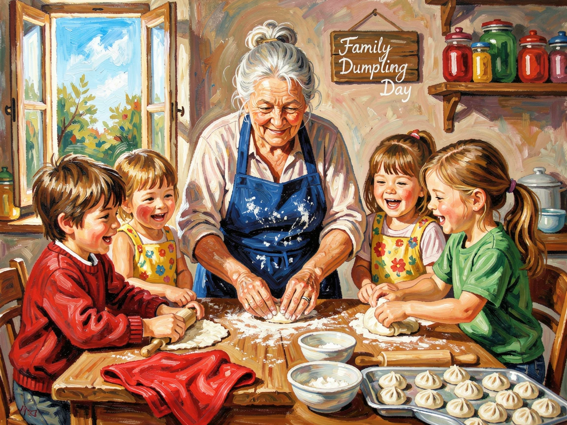 A grandmother teaching her grandchildren to make dumplings around a busy kitchen table.