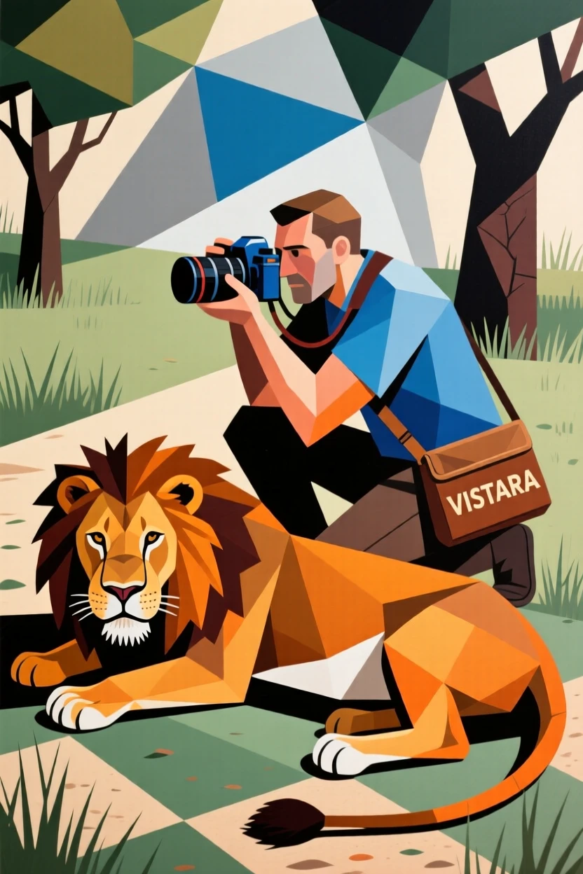 A heartwarming scene of a wildlife photographer crouched quietly near a resting lioness.