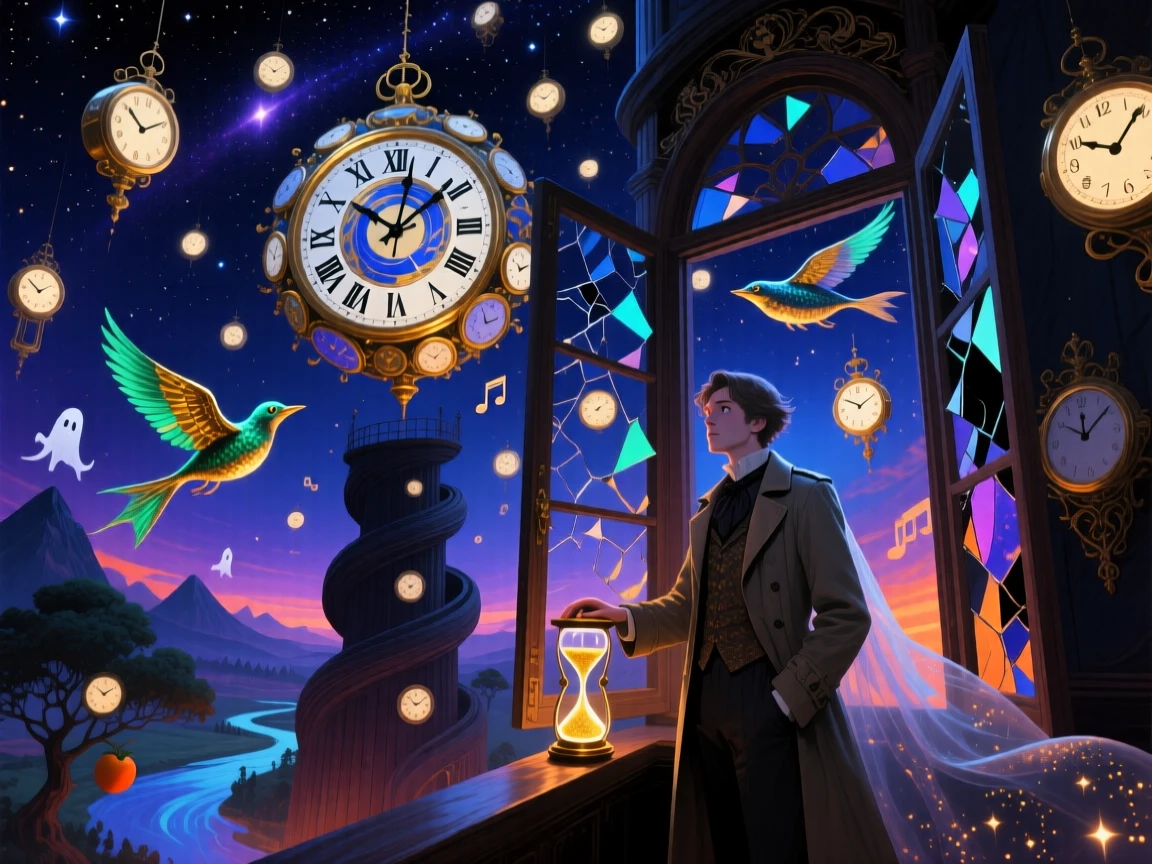 A sky filled with clocks instead of stars, all ticking softly spins gently at the center of an infinite dark sky, while a lone traveler watches from an open window.