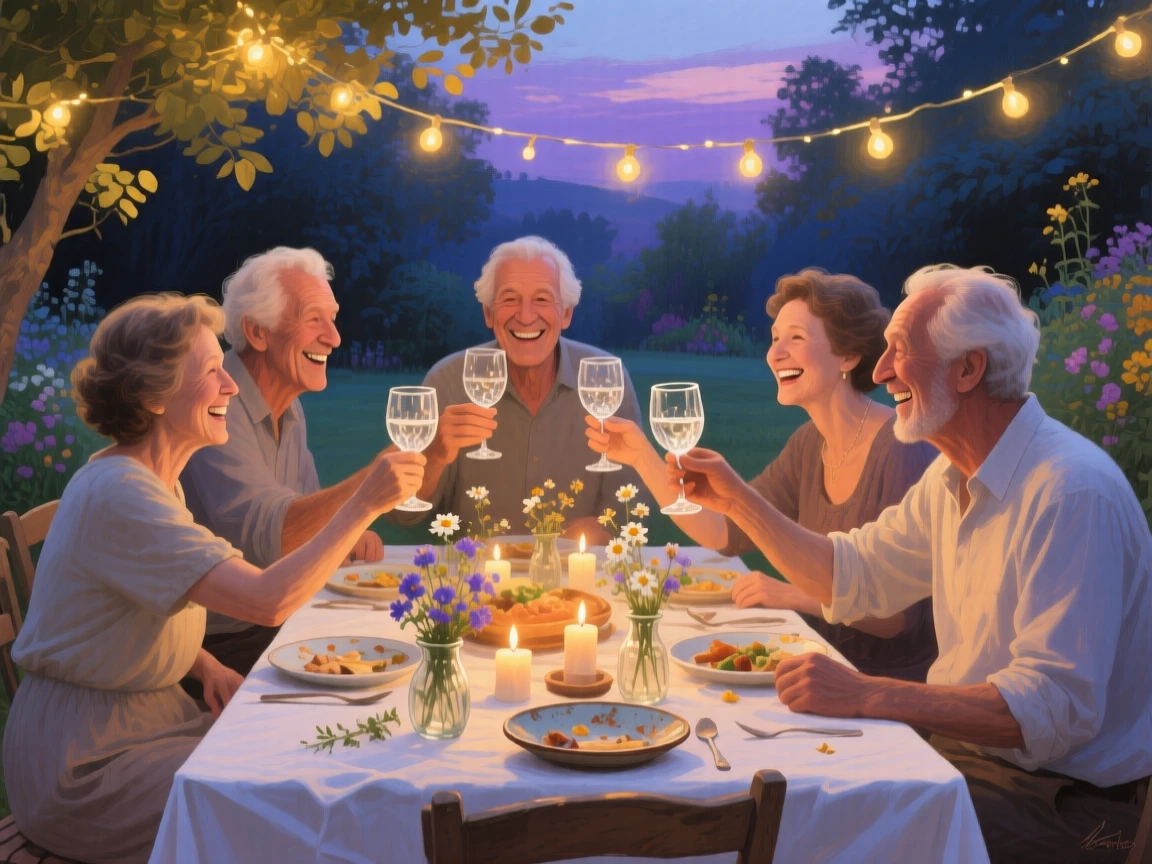 Old friends toast with clinking glasses around an outdoor dinner table strung with fairy lights, laughter echoing into the warm summer evening, soft ambient light gently shaping the contours of their face and surroundings.