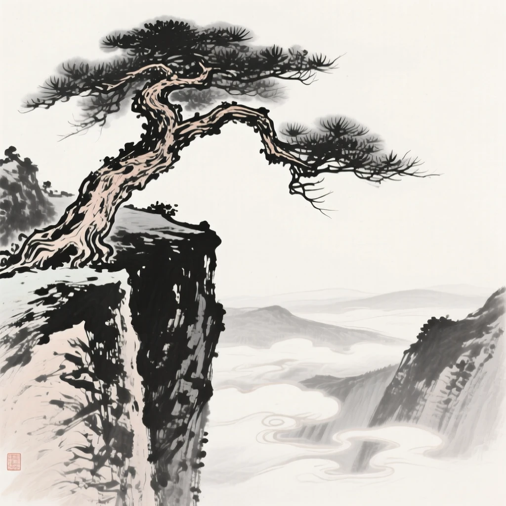 An ancient pine tree grows twisted from a cliffside crevice, as clouds drift slowly through the valley below.