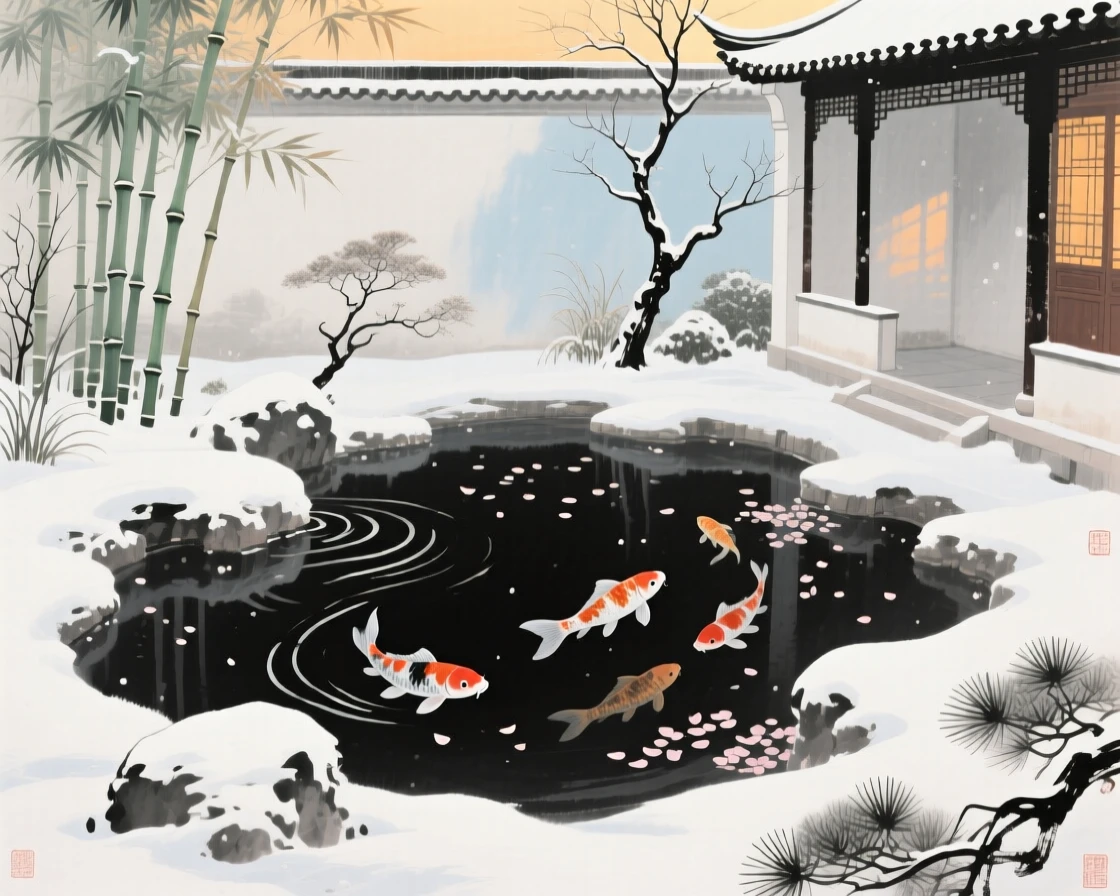 A secluded garden courtyard with a small koi pond, where fallen petals drift slowly downstream, under the first snow of winter, full of quiet reverence, in the last golden light of day.