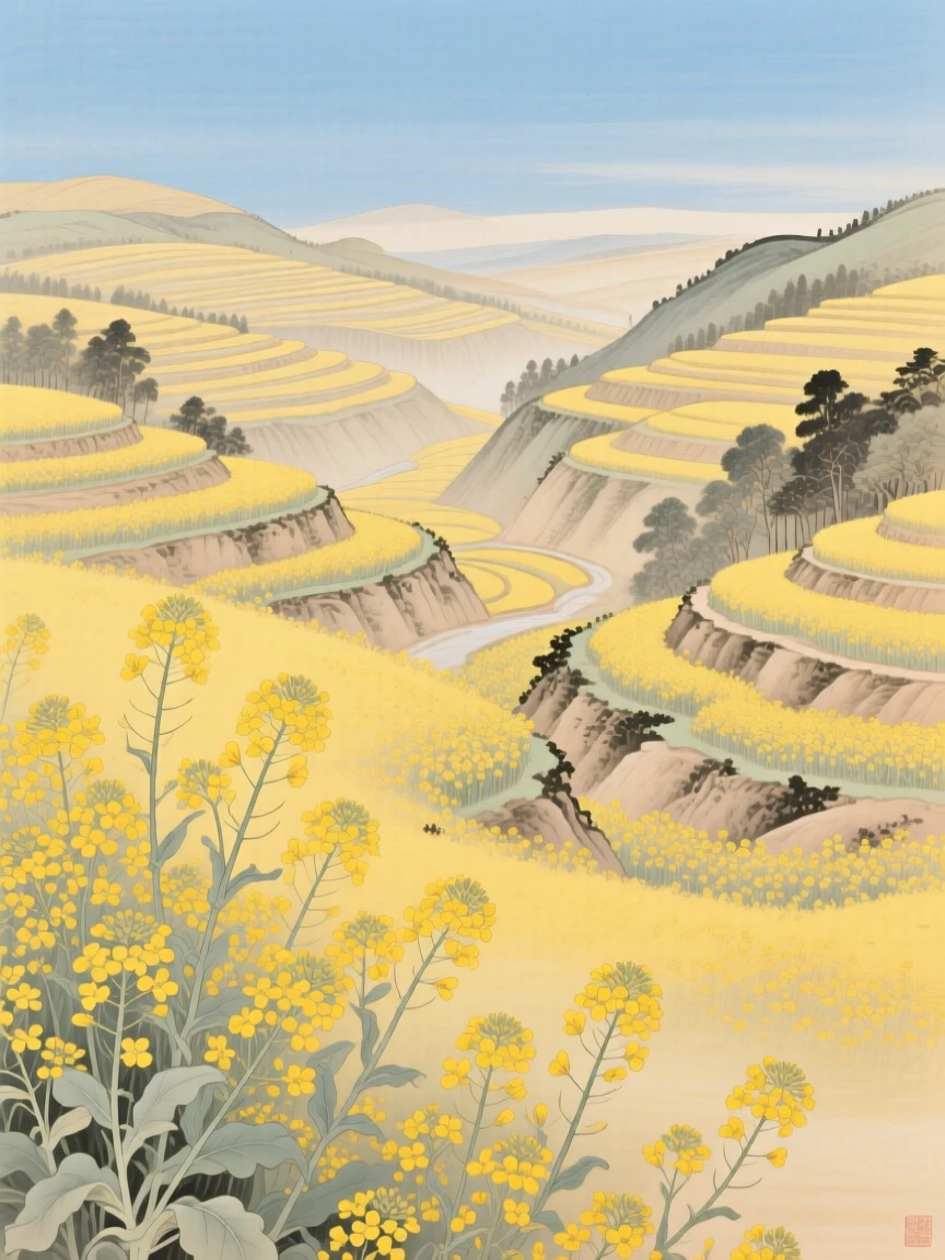 A valley of blooming rapeseed flowers under blue sky, with soft golden light spilling across the terraced fields