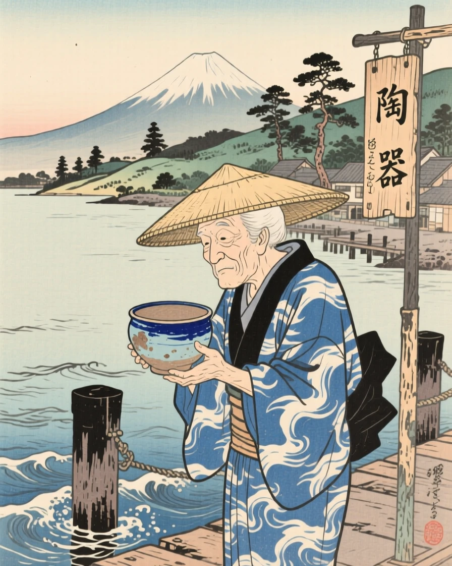An elderly fisherman inspecting a finished piece of pottery.