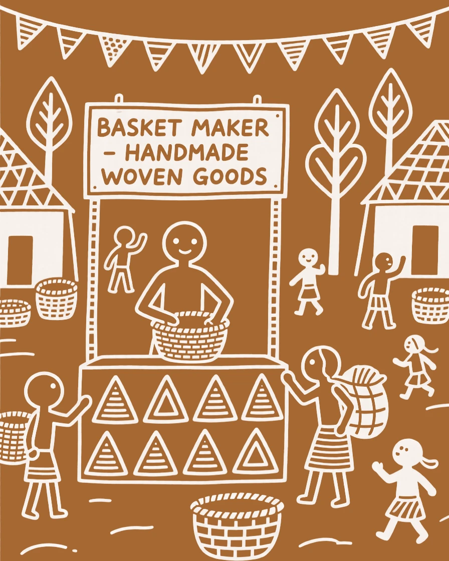 A basket maker selling goods at a bustling village market.