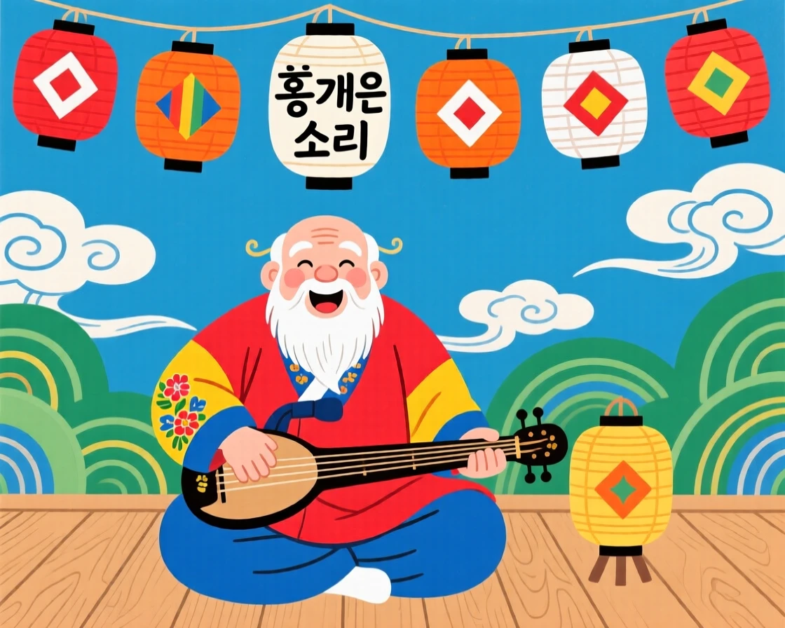 An elderly man playing a traditional string instrument under strings of paper lanterns.