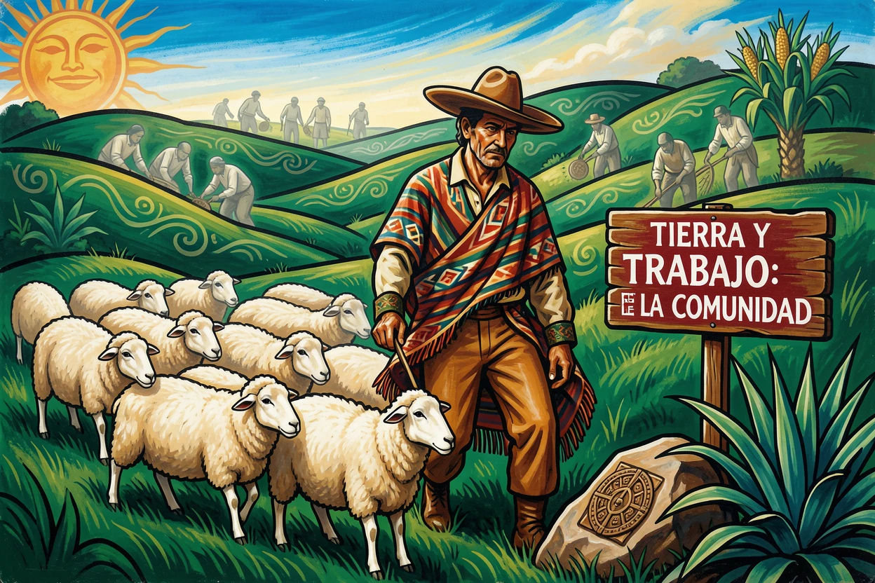 A shepherd guiding sheep across a rolling green pasture