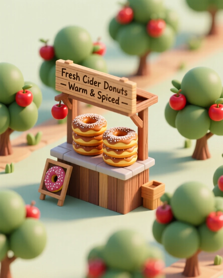 A rustic cider donut stand at an orchard, warm rings dusted in cinnamon sugar, and apple trees stretching into the distance.