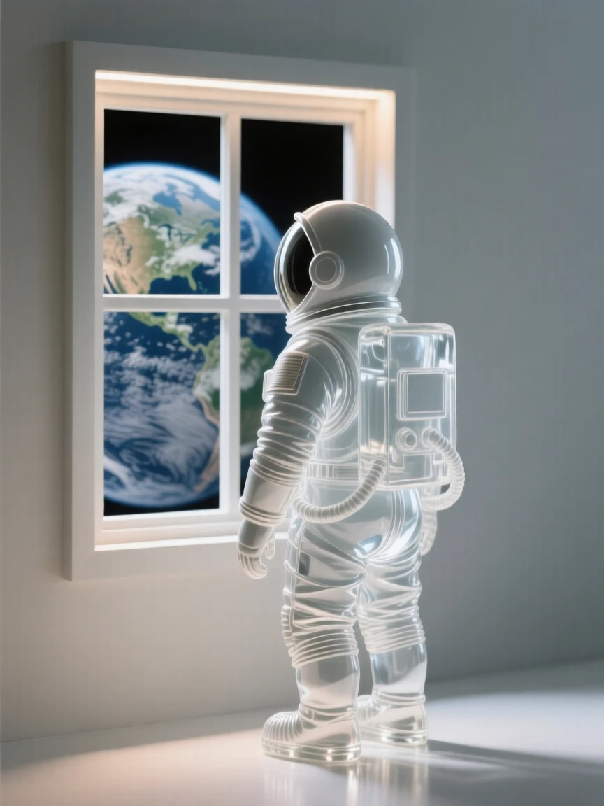An astronaut gazing back at Earth through a window framed in a close, intimate composition, soft rim light outlining the silhouette, evoking warmth and connection.