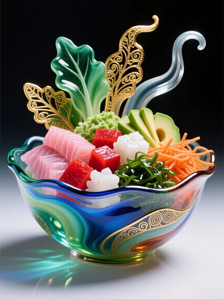A bowl of colorful poke topped with fresh fish and vegetables, vibrant and healthy.