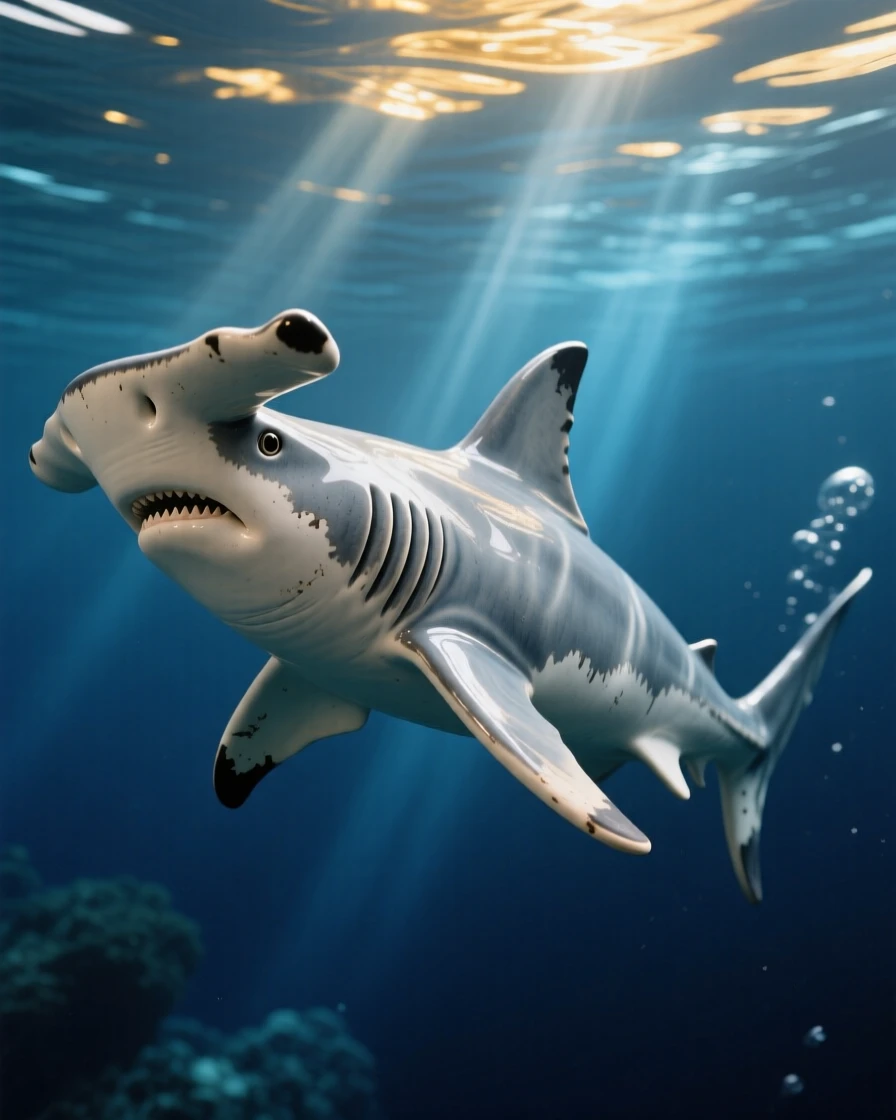 A hammerhead shark gliding through deep blue water drifting weightlessly through open blue, with sunlight filtering down in golden shafts, stirring wonder at the mysteries of the deep.