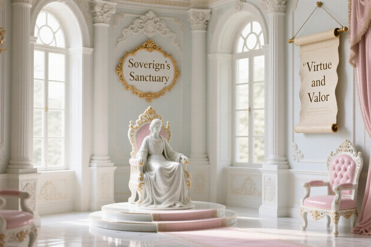 The ornate interior of an opulent throne room, tall arched windows filling the space with light.