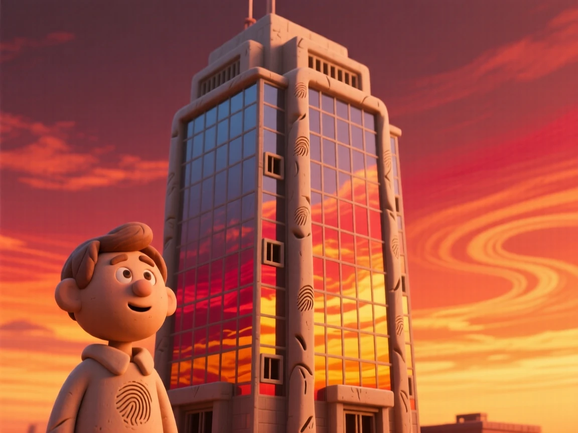 A towering glass skyscraper reflecting a fiery sunset sky