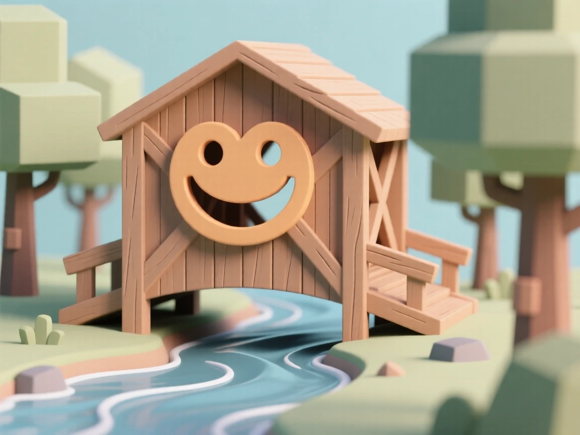A friendly covered bridge with a warm wooden smile arches proudly over a babbling forest stream.