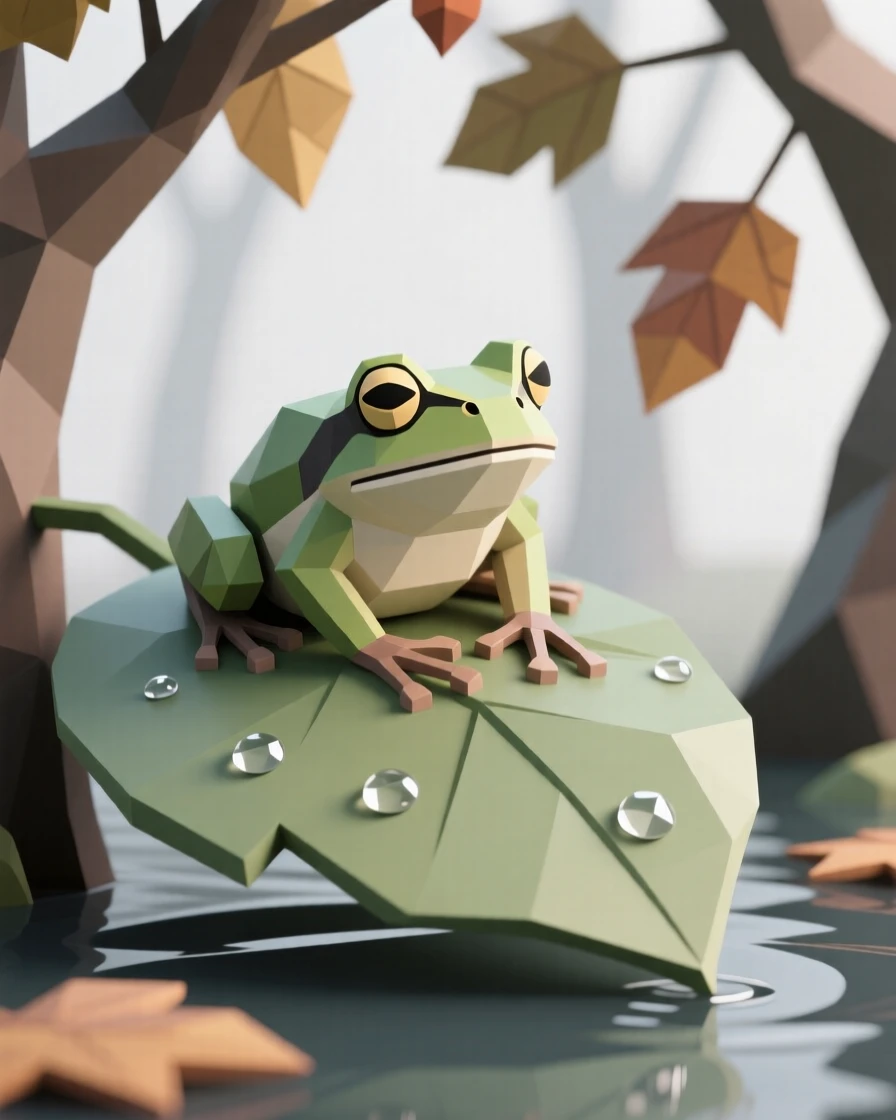 A tree frog resting on a dew-covered leaf, under a canopy of autumn color. soft natural light highlights every texture. The atmosphere is wild and untamed.