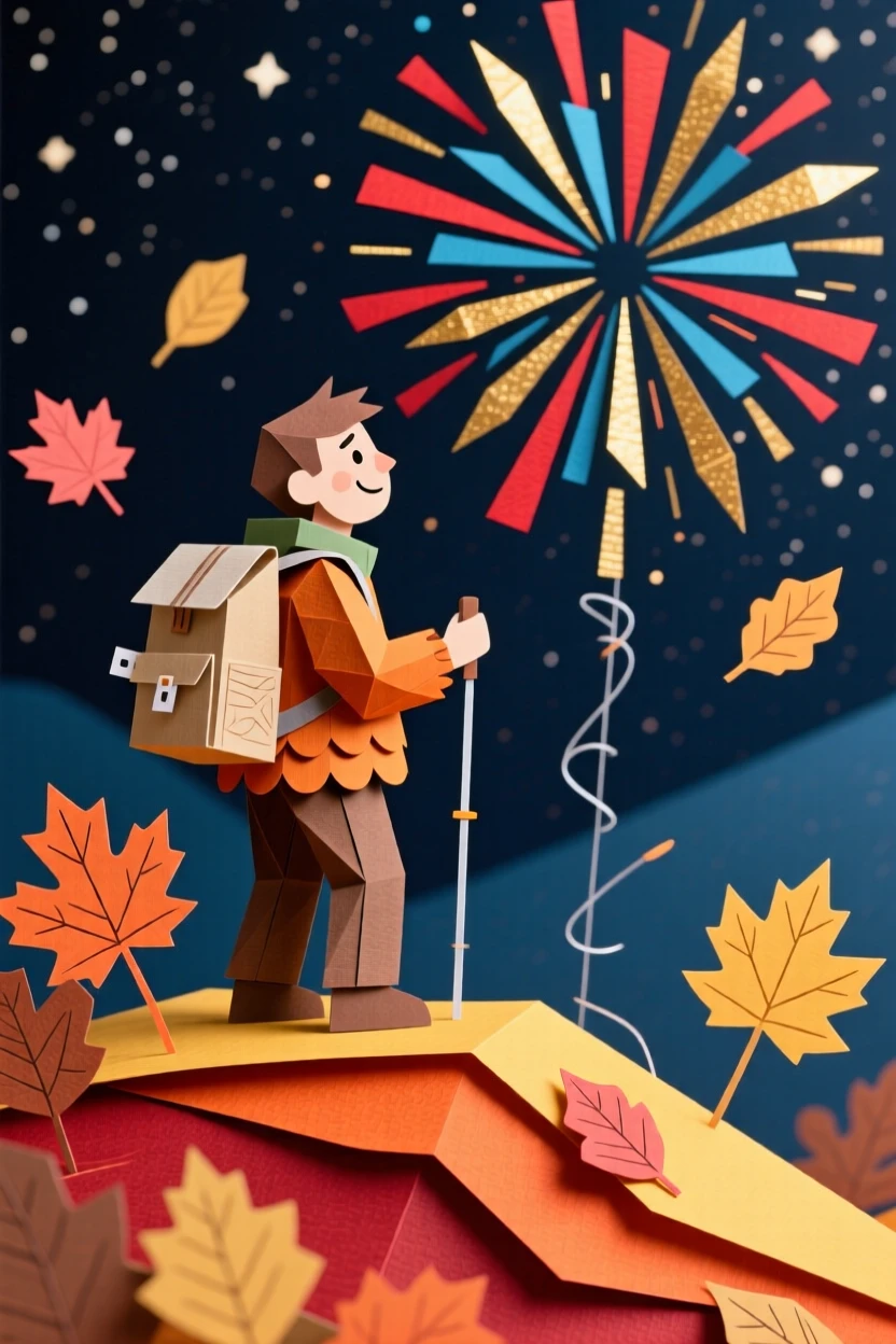A weary but happy hiker watching fireworks from a hillside, with autumn leaves drifting past, capturing pure joy and togetherness.